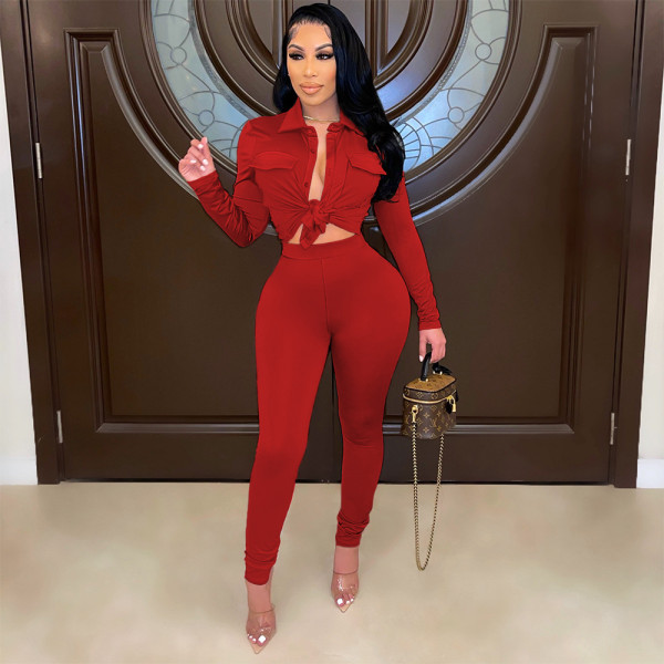 2021 new sexy fashion pocket shirt spring and autumn long sleeve two-piece suit