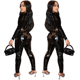 Fashion sexy irregular leaking waist PU solid color two-piece suit