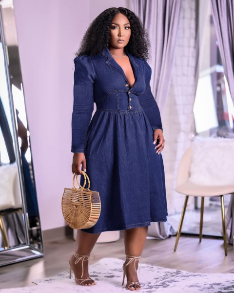 Woven lapel one-piece midi skirt cotton blue imitation denim high waist solid color