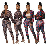 Fashion printed zipper sports elastic waist trousers two-piece suit