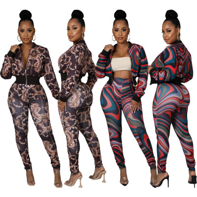 Fashion printed zipper sports elastic waist trousers two-piece suit