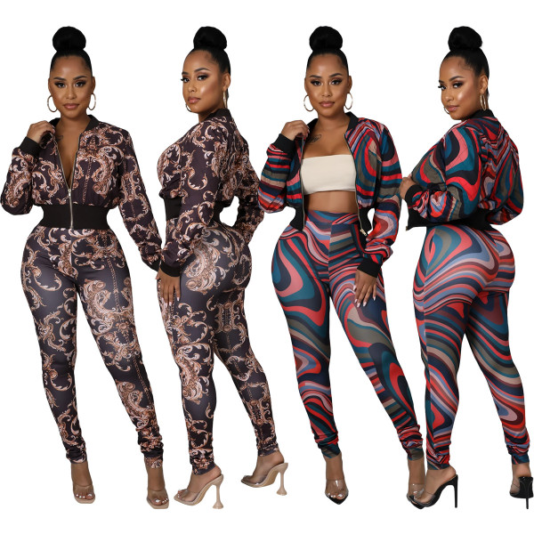 Fashion printed zipper sports elastic waist trousers two-piece suit