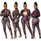 Fashion printed zipper sports elastic waist trousers two-piece suit