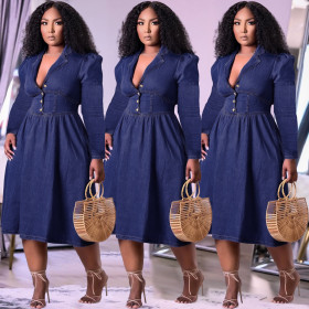 Woven lapel one-piece midi skirt cotton blue imitation denim high waist solid color