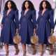 Woven lapel one-piece midi skirt cotton blue imitation denim high waist solid color