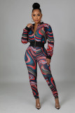 Fashion printed zipper sports elastic waist trousers two-piece suit