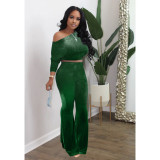 Korean velvet casual long-sleeved bat top flared pants