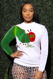 Casual women's blouse caterpillar long-sleeved stitching printed T-shirt