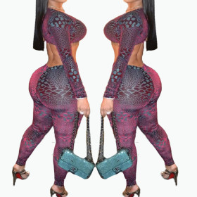 Women's spring and autumn sexy long-sleeved pattern print jumpsuit