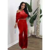 Korean velvet casual long-sleeved bat top flared pants