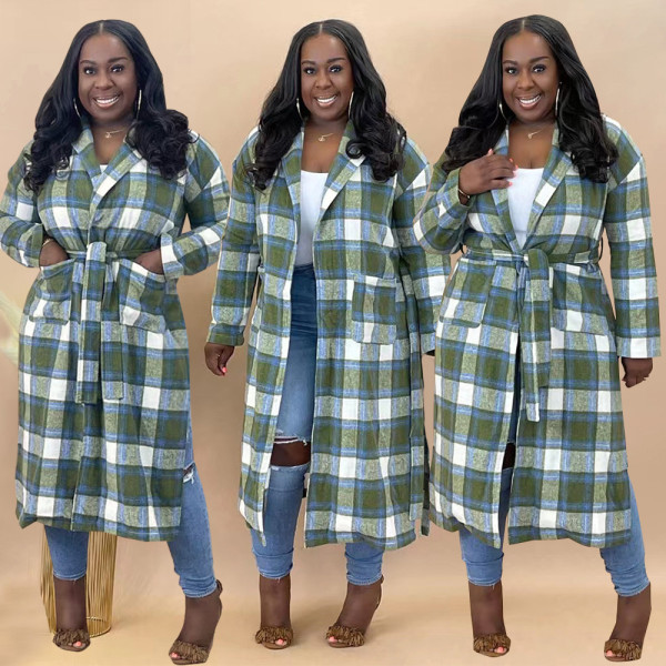 Women's fashion classic long thick plaid suit tie tie plaid woolen coat