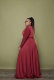 Fashion women's solid color large size V-neck long-sleeved large skirt loose dress