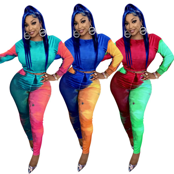 Women's autumn and winter models of personality multi-color positioning printing self-cultivation tie-dye two-piece set