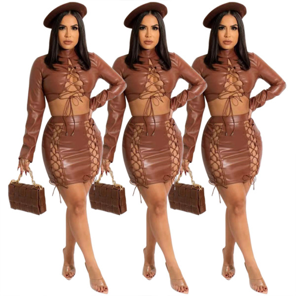 Women's sexy temperament belt PU suit short skirt two-piece suit