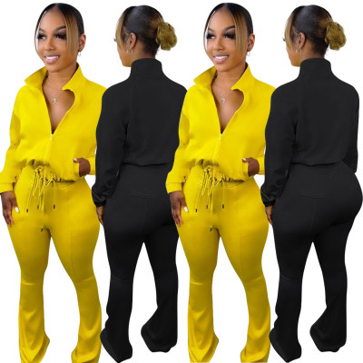 New casual solid color cardigan sports two-piece suit
