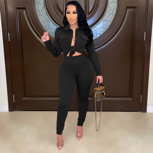 2021 new sexy fashion pocket shirt spring and autumn long sleeve two-piece suit