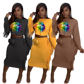 Plus size women's clothing solid color tassel fashion casual suit sexy skirt suit two-piece suit