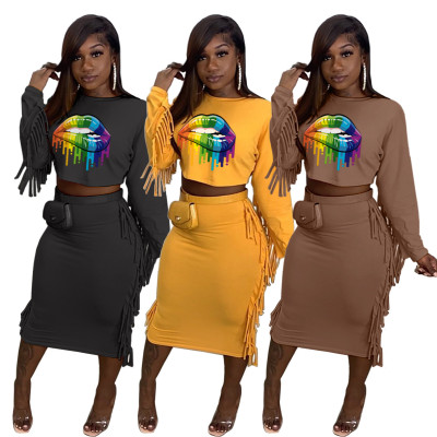 Plus size women's clothing solid color tassel fashion casual suit sexy skirt suit two-piece suit