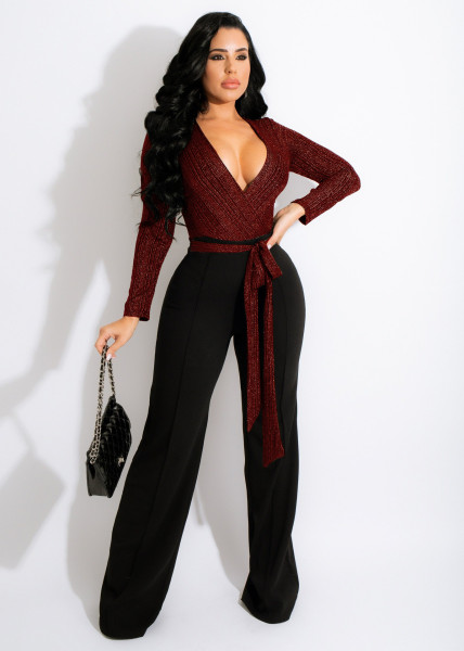 Women's Deep V Sexy Stitching Jumpsuit Wide Leg Pants 4 Colors