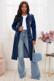 Fashion women's ripped long-sleeved denim windbreaker jacket cardigan denim cloak dress