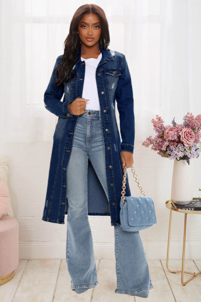 Fashion women's ripped long-sleeved denim windbreaker jacket cardigan denim cloak dress