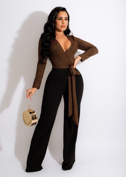 Women's Deep V Sexy Stitching Jumpsuit Wide Leg Pants 4 Colors