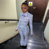 Women's digital letter printing round neck blouse coveralls flared pants 2-piece set