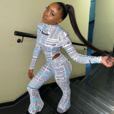 Women's digital letter printing round neck blouse coveralls flared pants 2-piece set