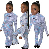 Women's digital letter printing round neck blouse coveralls flared pants 2-piece set