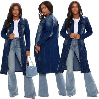 Fashion women's ripped long-sleeved denim windbreaker jacket cardigan denim cloak dress