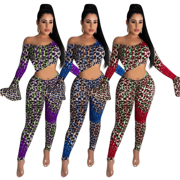 Women's 2022 spring cute sexy leopard print flared sleeve suit