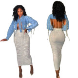 Washed denim jacket with chain decoration halter top