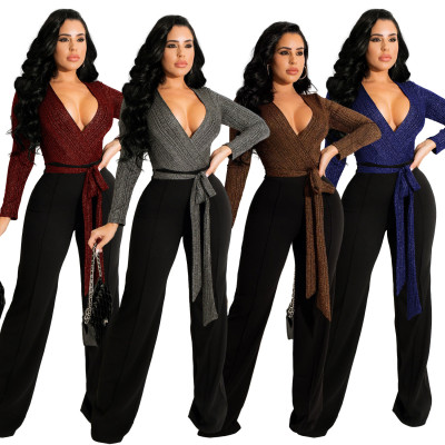 Women's Deep V Sexy Stitching Jumpsuit Wide Leg Pants 4 Colors