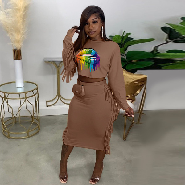 Plus size women's clothing solid color tassel fashion casual suit sexy skirt suit two-piece suit