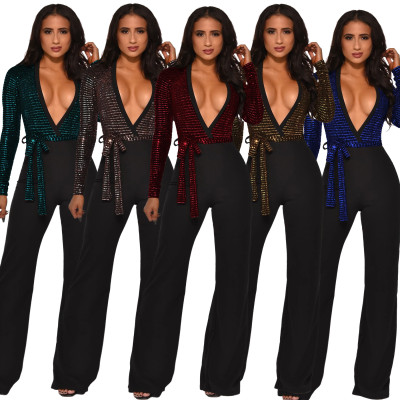 New women's ebay V-neck sequin stitching slim fit jumpsuit