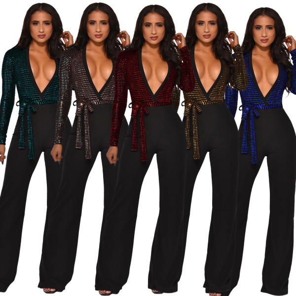 New women's ebay V-neck sequin stitching slim fit jumpsuit