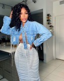 Washed denim jacket with chain decoration halter top