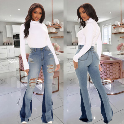 Fashion casual ripped washed women's flared jeans