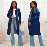 Fashion women's ripped long-sleeved denim windbreaker jacket cardigan denim cloak dress