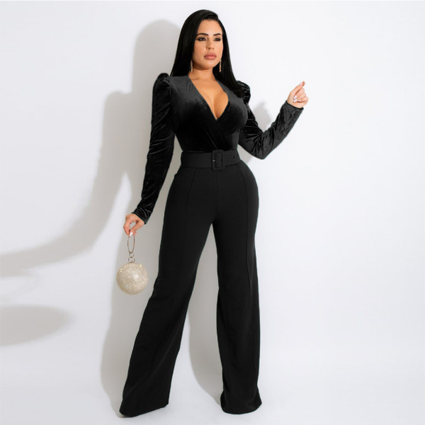V-neck solid color lace-up fashion women's jumpsuit