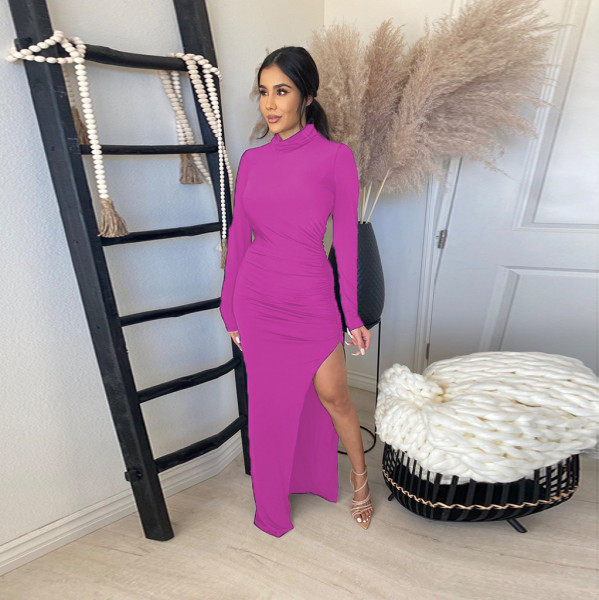 Pure color pleated hem slit fashion sexy women's dress
