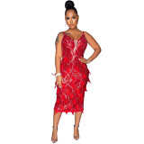 Fashion sexy V-neck strap solid color festive red split hip dress