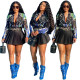 Two-piece fashion women's suit with printed blouse and lace-up