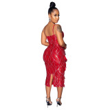 Fashion sexy V-neck strap solid color festive red split hip dress