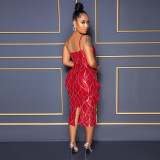 Fashion sexy V-neck strap solid color festive red split hip dress