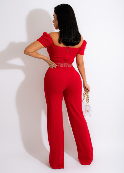 Spring one-neck tube top, puff sleeves, open-stitch decorative jumpsuit women's clothing