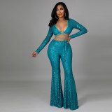 New sexy slim strappy short top women's casual wide-leg pants sequined two-piece suit