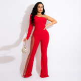 Fashion casual oblique shoulder pure red hot rhinestone side see-through jumpsuit