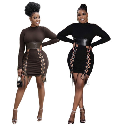 Lace-up leather stitching solid color fashion women's dress