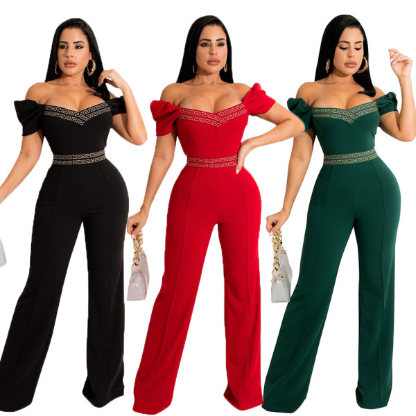 Spring one-neck tube top, puff sleeves, open-stitch decorative jumpsuit women's clothing